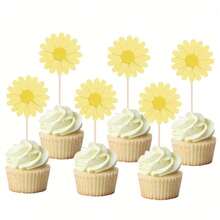 6 pièces/12 pièces/24 pièces Fleurs roses blanches jaunes de marguerite, Décorations de cupcakes pour anniversaire, mariage, fête. Fournitures DIY pour la décoration de cupcakes