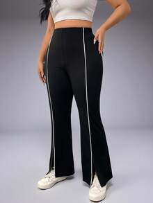 1pc Women's Plus Size High Waist Elastic Waistband Casual Slim Fit Multi-Function Cycling Pants With Splicing Ribbon And Slit Design - Black - View 5