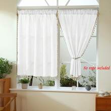 2 Pack Landhausstil weiße Küchengardinen, beige Quasten, Rüschenränder, Gardinenband, verdickter leinenähnlicher Stoff, natürliche Filterung, maschinenwaschbar, einfache elegante Heimfensterdekoration für Küche, Esszimmer, Speisekammer, Café, Geschenkidee