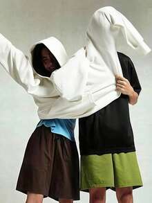 闺蜜/情侣必备，女士独特长袖连帽卫衣，双帽设计，宽松版型，长款，均码，适合秋冬季节，休闲/简约/Y2K/办公/可爱风格，日常、度假、上学、居家、街头皆宜。 - 白色 - 查看 6