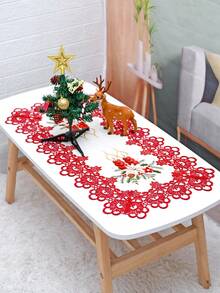 1 Peça Trilho de Mesa de Vela de Natal, Tecido de Cetim de Poliéster de Luxo Europeu, Renda Vermelha Bordada com Recorte Floral Vazado, Adequado para Sala de Estar, Quarto, Mesa de Jantar, Gabinete de TV, Aparador, Cômoda, etc. - Multicolorido - Visão 14