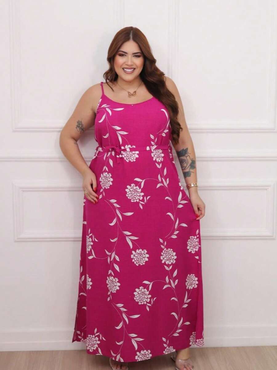 Women's Plus Size Printed Long Dress - 玫紅色 - 查看 1