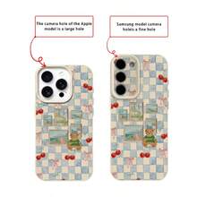 1 pieza Funda de teléfono de material TPU con diseño de oso de cereza a cuadros azul y blanco con lazo, compatible con iPhone 17 Pro Max/17/16 Pro Max/15/13/12/11, S20 FE/A15/S24/A55, Redmi Note 11/12/13 Pro, protección corporal completa a prueba de golpes y suave