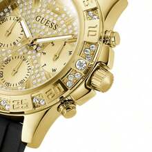 Guess 女士石英表，三眼显示，不锈钢表壳，水晶表圈，黑色硅胶表带，时尚休闲女士腕表，适合日常工作、聚会及其他场合佩戴。 - 黑+金三眼 - 查看 3