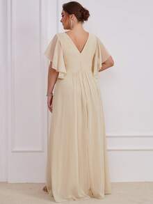 UNITHORSE Plus Size Bridesmaid Dress With Sequin Waist, Ruffle Hem And Side Slit, Chiffon - Apricot - View 3