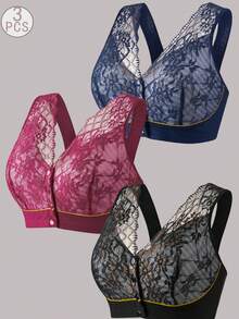 3pcs Front Closure Soft Camisole Bras For Mature Women, Wire-Free Plus Size Comfortable Lingerie,Autumn And Winter Styles,Spring And Summer Clothing - 彩色 - 查看 1