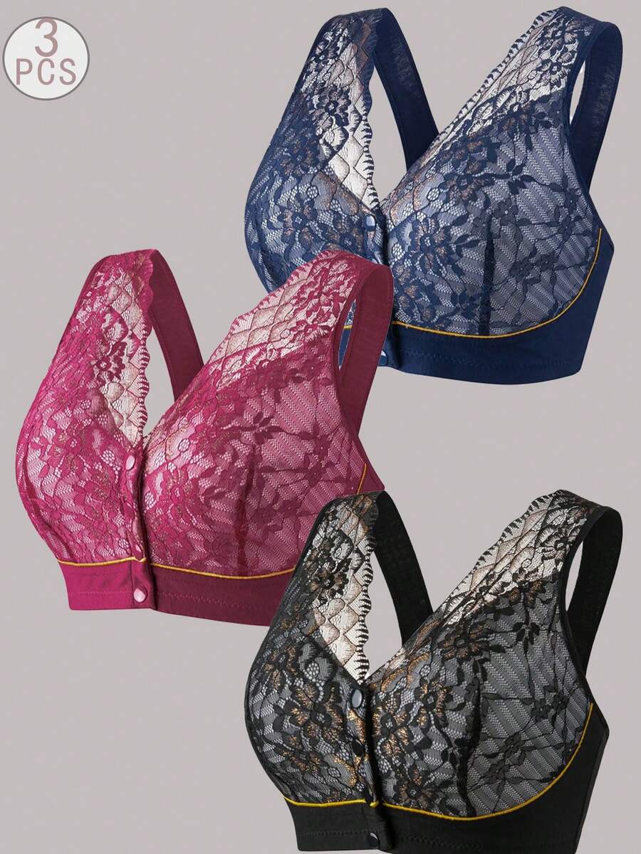 3pcs Front Closure Soft Camisole Bras For Mature Women, Wire-Free Plus Size Comfortable Lingerie,Autumn And Winter Styles,Spring And Summer Clothing - 彩色 - 查看 1