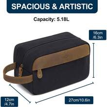 Toiletry Bag For Men Women Vintage Large Leather Canvas Wash Bag Dual Compartments Shaving Dopp Kit Portable Travel Accessory Black