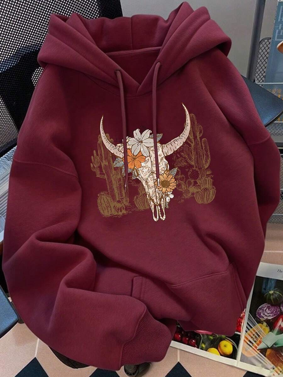 Sudadera Casual Suelta con Capucha de Mujer con Cabeza de Vaca Calavera y Cactus Estampado Bolsillos Canguro y Cordón de Ajuste Sudadera con Capucha