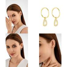 24K Gold Plated 925 Solid Sterling Silver Sleeper Huggie Hoop Charm Earrings For Women Waterdrop Dainty Zirconia Earrings