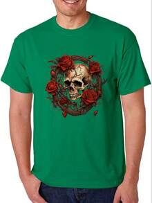 ¡Envío desde México, Playera algodón deportiva casual de hombre,  estampado de Calavera y guitarra del Día de los Muertos , manga corta de corte holgado, bicolor blanco y negro, top casual transpirable de moda, ropa casual Camiseta divertida Moda de verano. - Verde (delantero) - Ver 2