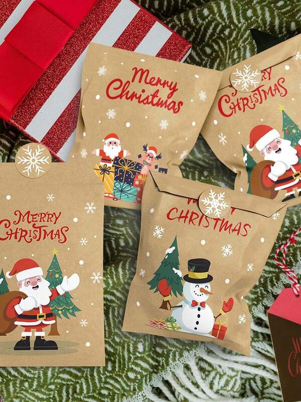 48/24 pezzi Borse di carta kraft retrò natalizie (con adesivi, con elementi di Babbo Natale, pupazzo di neve e volpe), adatte come sacchetti per feste di Natale, buste per regali, facenti parte delle forniture per imballaggio regalo natalizio, e anche pratici sacchetti di carta regalo natalizi