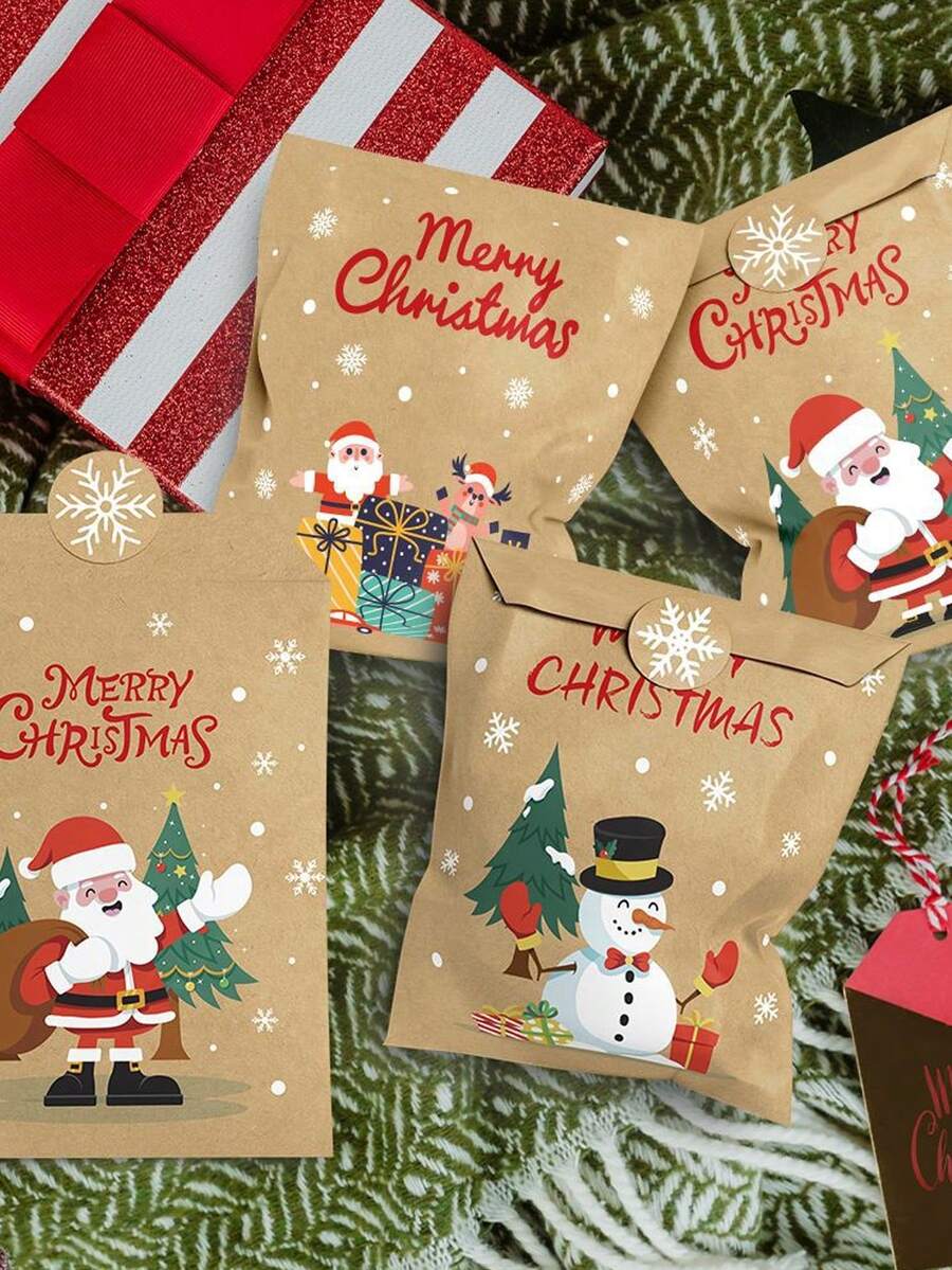 48/24 Stück Retro Weihnachts Kraftpapiertüten (mit Aufklebern, mit Weihnachtsmann, Schneemann & Fuchs Elementen), geeignet als Weihnachtsparty Geschenktüten, Geschenkverpackung, gehören zu Weihnachts Geschenkverpackungszubehör, sowie praktische Weihnachtsgeschenk Papiertüten