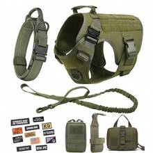 Tactical Dog Harness Set With Adjustable Training Vest, Leash, Collar, 12pcs Patches, Water Bottle Holder And Waist Bag For Small, Medium And Large Dog Breeds - Durable Nylon Fabric With Heavy Duty Metal Buckles - xanh quân đội - Xem 12