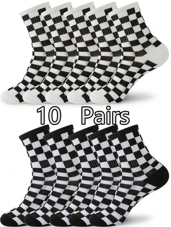 10 Pairs Unisex Black & White Checkerboard Socks, Fashion Versatile Minimalist Design, Comfortable & Moisture-Wicking, Suitable For All Seasons