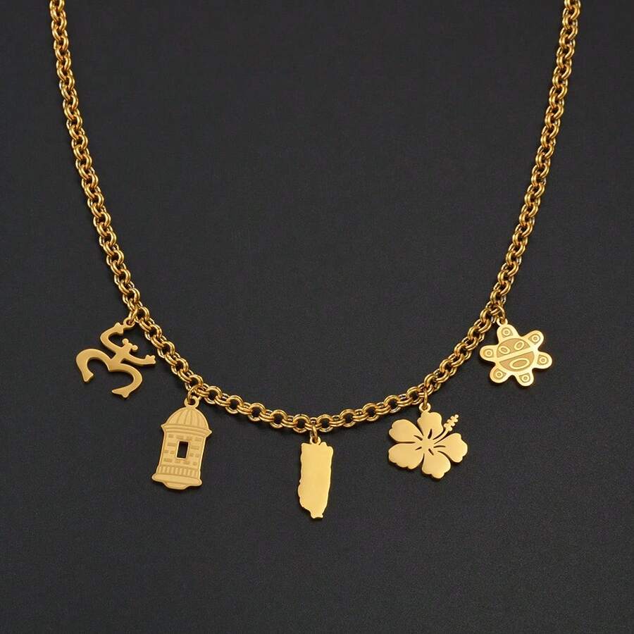 1 pieza Mapa de Puerto Rico, Máscara floral, Collar con símbolo tradicional de rana PR y flor de hibisco, Joyería de acero inoxidable para mujeres - Multicolor - Ver 1