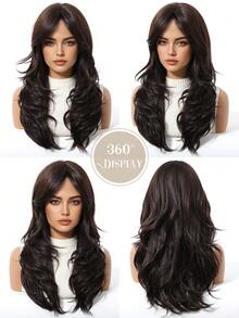 20 Inch Natural Curly Brown Wig, Medium Length Synthetic Heat-Resistant Wig, Inward Curl Design, Suitable For Women's Daily, Party, Work And Other Occasions - 黑棕色 - 查看 6