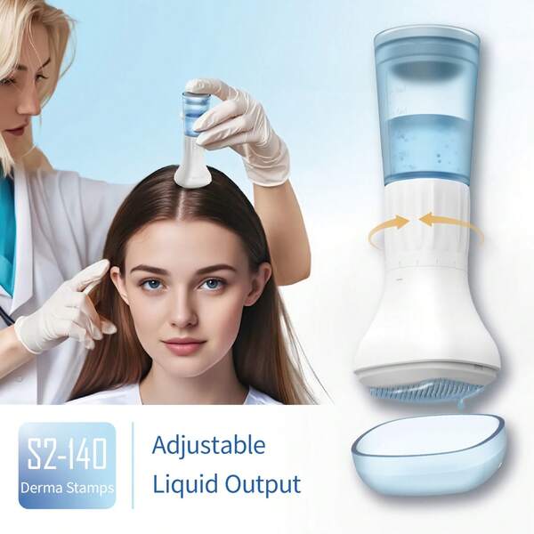 Derma Stamp ajustable - Incluye un frasco de almacenamiento de 10 ml. Sello de aguja de tatuaje manual con profundidad de aguja ajustable (0,25 mm). Alternativa al rodillo de derma para microagujas y maquillaje permanente. Compatible con todos los tipos de piel, incluidos rostro, cabelludo, Body y barba. No se requiere energía ni batería. Diseño portátil. Mango ergonómico. Dispositivo robusto. Cortador de microagujas. Herramienta de mantenimiento.