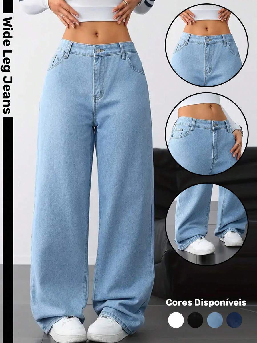 Wide Leg Jeans, Women's High Waist, Premium Fabric, Comfortable, Light Blue - Rửa nhẹ - Xem 1