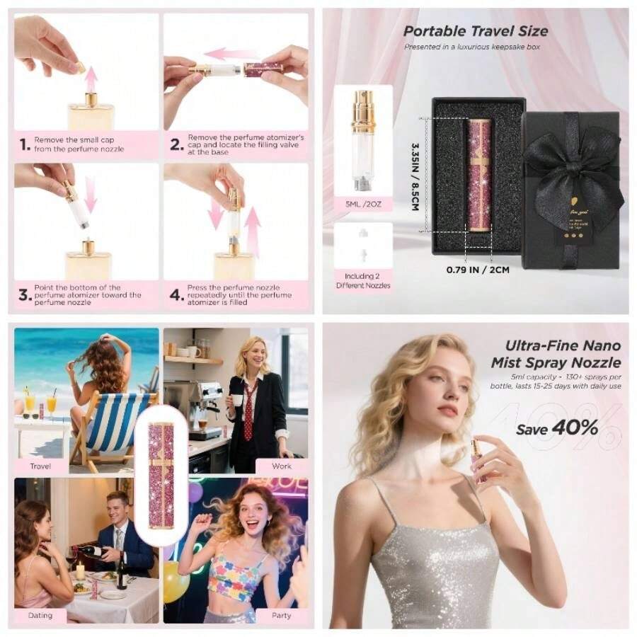 Travel Perfume Bottle Refillable, Perfume Atomizer Leak - Proof Portable 5ML Empty Atomizer Sprayer Bottle Traveling And Outgoing Pink - Leather Style, 5ML - 紅色+5ML - 查看 1