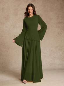 女式优雅荷叶边拼接系腰喇叭袖连衣裙，春夏 - 軍綠色 - 查看 2