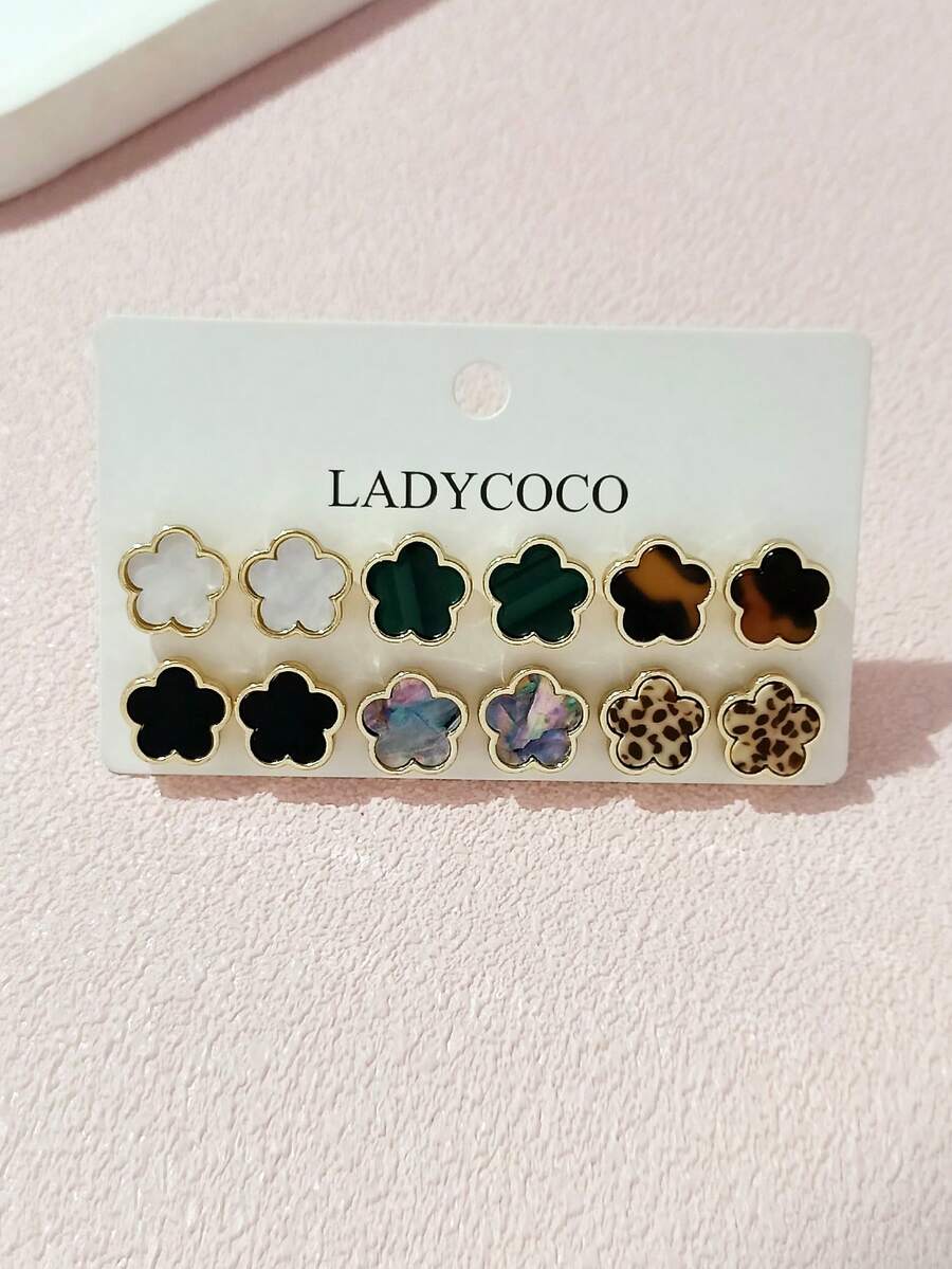 LADYCOCO 6 Pasang Anting Tusuk Daun Semanggi Keberuntungan Berwarna-warni yang Modis & Elegan, Cocok untuk Paduan Harian Wanita, Set Perhiasan Anting