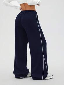 1pc Women's Waffle Texture Loose Jogger Pants With Pockets And Contrast Side Stripe Design, Straight Leg, Suitable For Outdoor Running, Gym Workout, Casual Street Wear, All Seasons Spring - Navy Blue - View 4