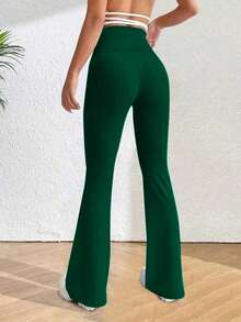 PETITE Solid High Rise Flared Straight Leg Pants - Green - View 2