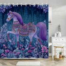 1Pc 71x71 Inches, 12 Hooks Included, Decorated Horse In Forest Shower Curtain - Magical And Floral Animal Art Print, Polyester Fabric, Perfect For Horse Lovers And Those Who Want A Enchanting Bathroom Decor | Enchanting, Floral | Polyester Curtain, Shower Curtains For Bathroom, Bathroom Decor | Magical, Animal - Themed Style - Màu tím 1216 - Xem 3