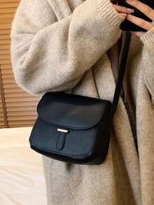 简约 PU 斜挎包，迷你时尚挎包，配有可调节肩带和翻盖设计，多功能单肩/斜挎包 - 黑色 - 查看 2