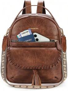 Mochilas Pequeña Para Mujer Piel Pu Mochila Mujer Bolso Hombro Impermeable Antirrobo Para Viaje Casual Universidad - Marrón - Ver 8