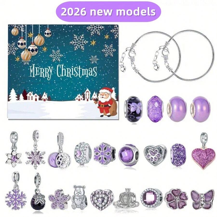 Adventskalender 2026 , Weihnachtskalender Schmuck Basteln  Armbänder Halsketten Geschenke, 24 Füllung Adventskalender Weihnachten Geschenke  DIY Lila Schmuck zum Selbermachen, 24 Tage Weihnachts-Countdown – Enthält lila Herzanhänger aus Metall, Perlen, DIY-Halskette, Armband-Bastelset, Schmuck-Überraschungsgeschenk