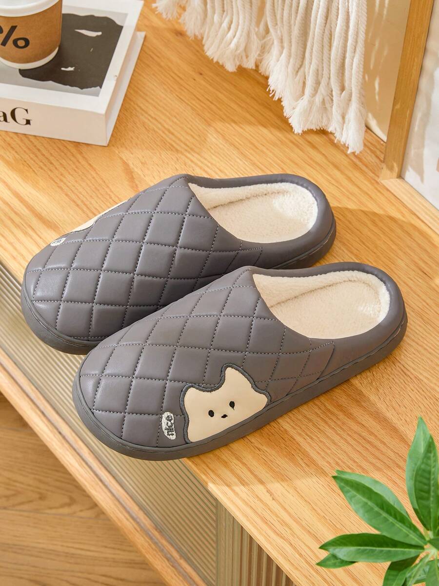 Graue wasserdichte PU Herren Hausschuhe, weiche & bequeme Plüsch Schlafzimmer Hausschuhe, rutschfeste und abriebfeste Cartoon Paar Schuhe, Winter