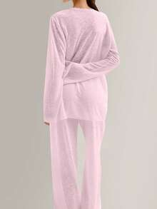 A Set Of Plain-Colored Semi-Transparent Fabric V-Neck Lace Long-Sleeved, Waist-Tied Straight-Leg Pants For Home Pajamas - Hồng - Xem 5