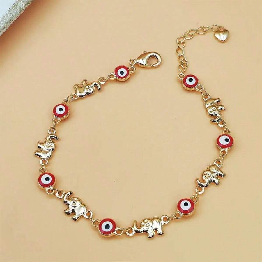A Cute Evil Eye Elephant Pendant Bracelet In Bohemian Style, Suitable For Women, Made Of 18K Gold-Plated Copper, Fashionable Animal Jewelry, Ideal As A Gift For Friends Or Girlfriends, Suitable For Daily Wear And Parties, An All-Season Accessory. - Gold - View 1