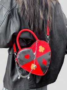 BAILEE Fashionable Personalized Fun Poker Heart Color Blocked PU Leather Three-Dimensional Zipper Style With Chain Decoration Women's Handbag Perfect For College&Work&Commute&Outdoors&Travel&Outings&Shopping&Gifts To Friends