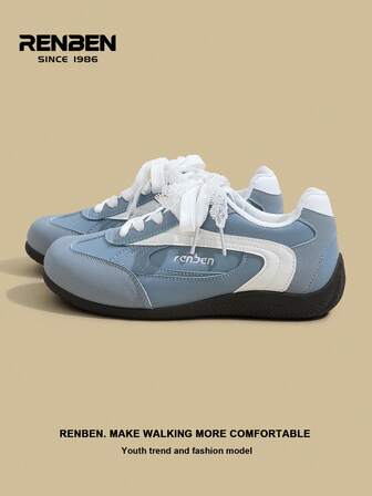 RENBEN 1 双复古风格女式系带拼接运动鞋，厚底休闲运动软底走秀鞋，时尚小众设计，适合春秋季