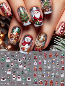 Christmas Santa Claus Nail Stickers 5D Self-Adhesive Snowman Candy Cane Elk Tree Flower Design Nail Art Supplies Winter Xmas Nail Sticker Nail Art For Women Girls DIY Decorations Decor