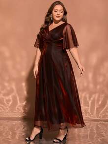 Women's Elegant Ombre Cocktail Party Dress, Formal Maxi Gown With High Slit, Criss-Cross Ruffle Hem, Metallic Fabric, Suitable For Formal Events, Weddings, Galas, Concerts, Parties In Spring, Summer, Autumn, Christmas - Burgundy - View 4
