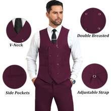 Traje slim fit para hombre de 3 piezas, traje formal de esmoquin de doble botonadura, conjunto de traje casual para boda, baile de graduación o novio - Burdeos - Ver 5