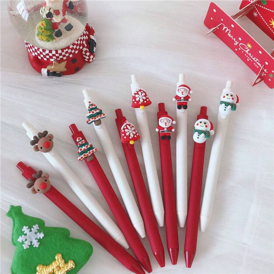 5pcs/10pcs Christmas Cute Animal Retractable Pens, Santa Claus, Snowman, Reindeer, Christmas Tree Shaped Pens, Student Stationery Gift, Essential Christmas Gift