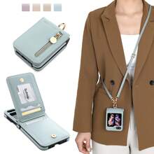 1pc L-Shaped Zipper Folding Screen Phone Case, Suitable For Galaxy Z Flip4 5G, With Ring, Neck Strap, Crossbody, Shoulder Strap, Fashionable, Lightweight, Thin, Foldable, Rear Card Slot, Coin Purse, Cute, Smartphone Protective Case, Adjustable Strap, Shock-Proof, Anti-Drop