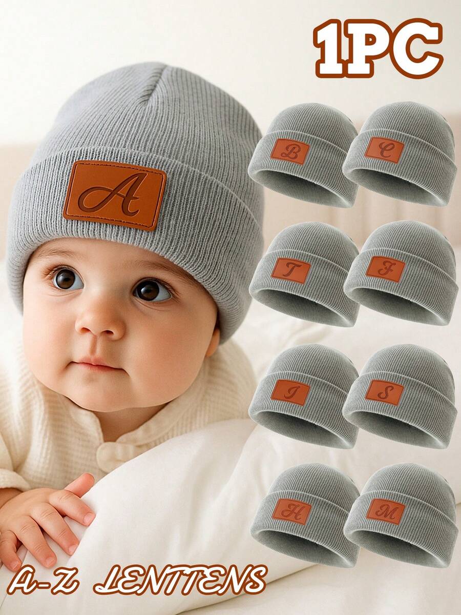 1pc Baby Leather Patch Vintage Letter Decor Grey Beanie, Choose From 26 Letters, Soft & Comfortable Unisex Infant Autumn/Winter Warm Hat, Suitable For Holidays, Birthdays, Daily Wear - Grey - View 1