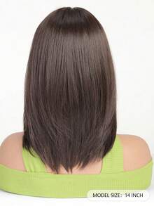 14 Inch Deep Brown Layered Bob Wig, French Eight-Shaped Bangs Face-Framing, Smooth Straight Short Hair, High-Temperature Synthetic Fiber, Versatile For Daily Commute, Workplace, Dating, Breathable Adjustable Mesh Cap - 黑棕色 - 查看 5