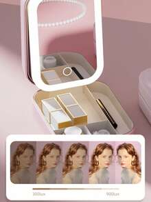 صندوق مرآة المكياج، صندوق تخزين مستحضرات التجميل، محمول وقابل للنقل، طاولة تزيين محمولة، مع مرآة مكياج، محمول، صندوق تخزين مستحضرات التجميل السفر قابل للطي كبير، يشمل 1 مرآة إضاءة قابلة للشحن عبر USB، ألوان ماكارون، ألوان موراندي، تصميم جلد وردي للطلاب، حقيبة تجميل محمولة، تخزين المجوهرات ومستحضرات التجميل