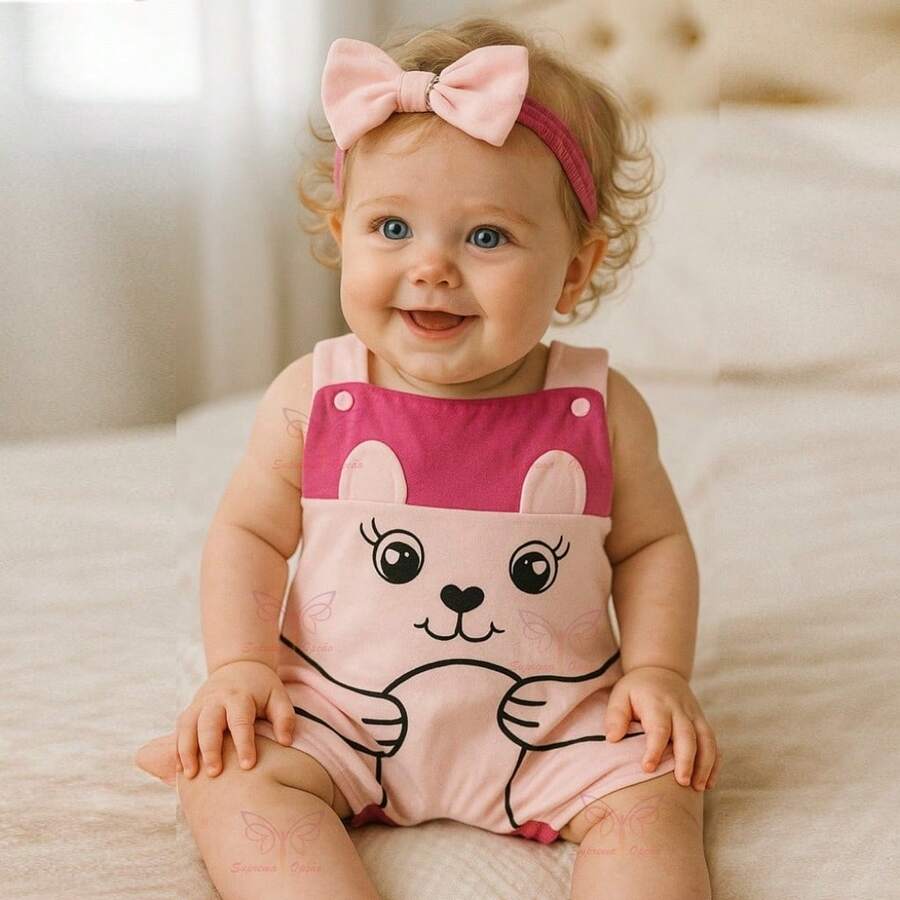 Overalls + Headband Set – Baby Girl Cow Print Size RN To 3 Months - Baby Pink - View 1