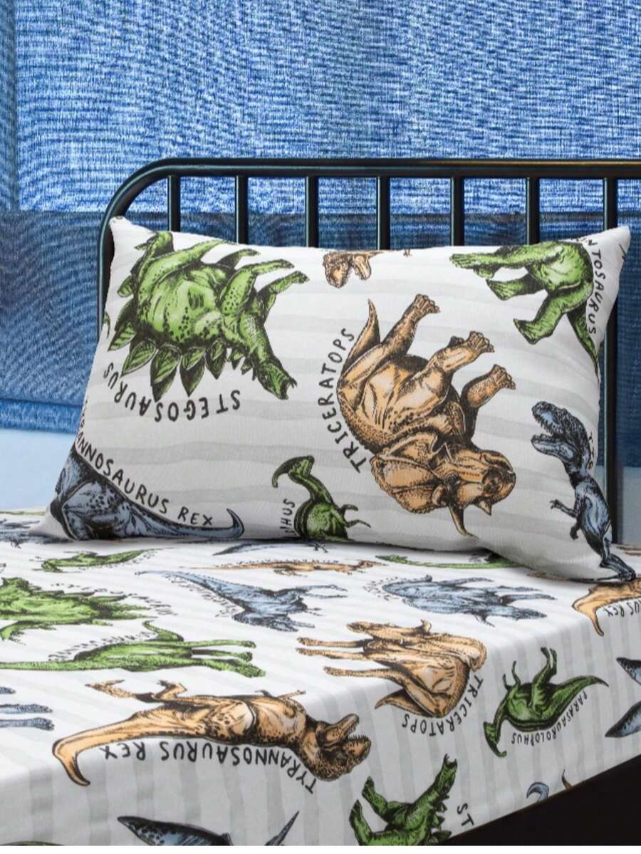 2-Piece Children's Sheet Set With Elastic And Pillowcases With Fun Prints - 霸王龍 - 查看 1