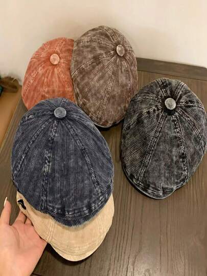 1pc Vintage Washed Octagonal Cap, Warm Newsboy Hat For Men With Large Head Circumference, Autumn/Winter