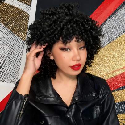 Short Curly Wigs With Bangs For Women Kinky Curly Wig Natural Black Synthetic Curly Afro Wigs 14 Inch Glueless Full Wig For Daily Party