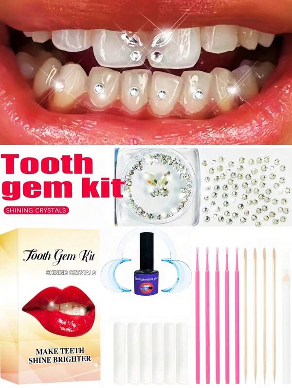 220 piezas Juego de gemas adhesivas para dientes DIY, joyería dental de moda, pegatinas de cristal y rhinestone, decoración dental súper brillante, rhinestones planos con diseño de mariposa, materiales de belleza dental, estilo europeo y americano hip-hop goth y Y2K, accesorios para fiestas de bar y KTV, incluye todas las herramientas